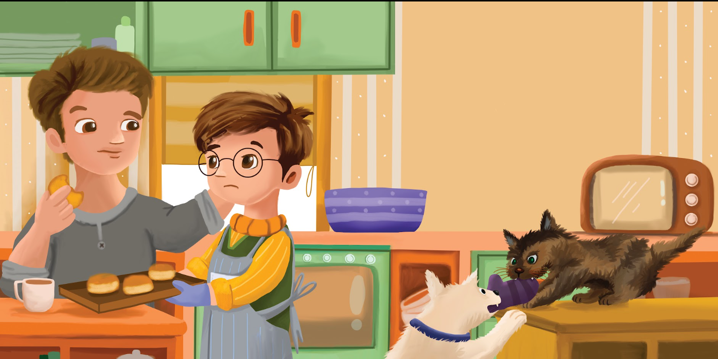 A boy and his father baking bread in a warm kitchen with a cat and a dog watching, digital picture-book spread